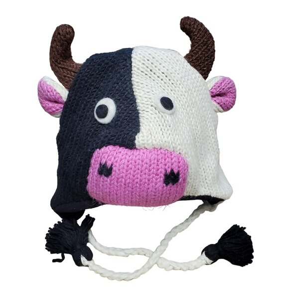 Wool Hat Cow Design One Size Black/White - Picture 1 of 5
